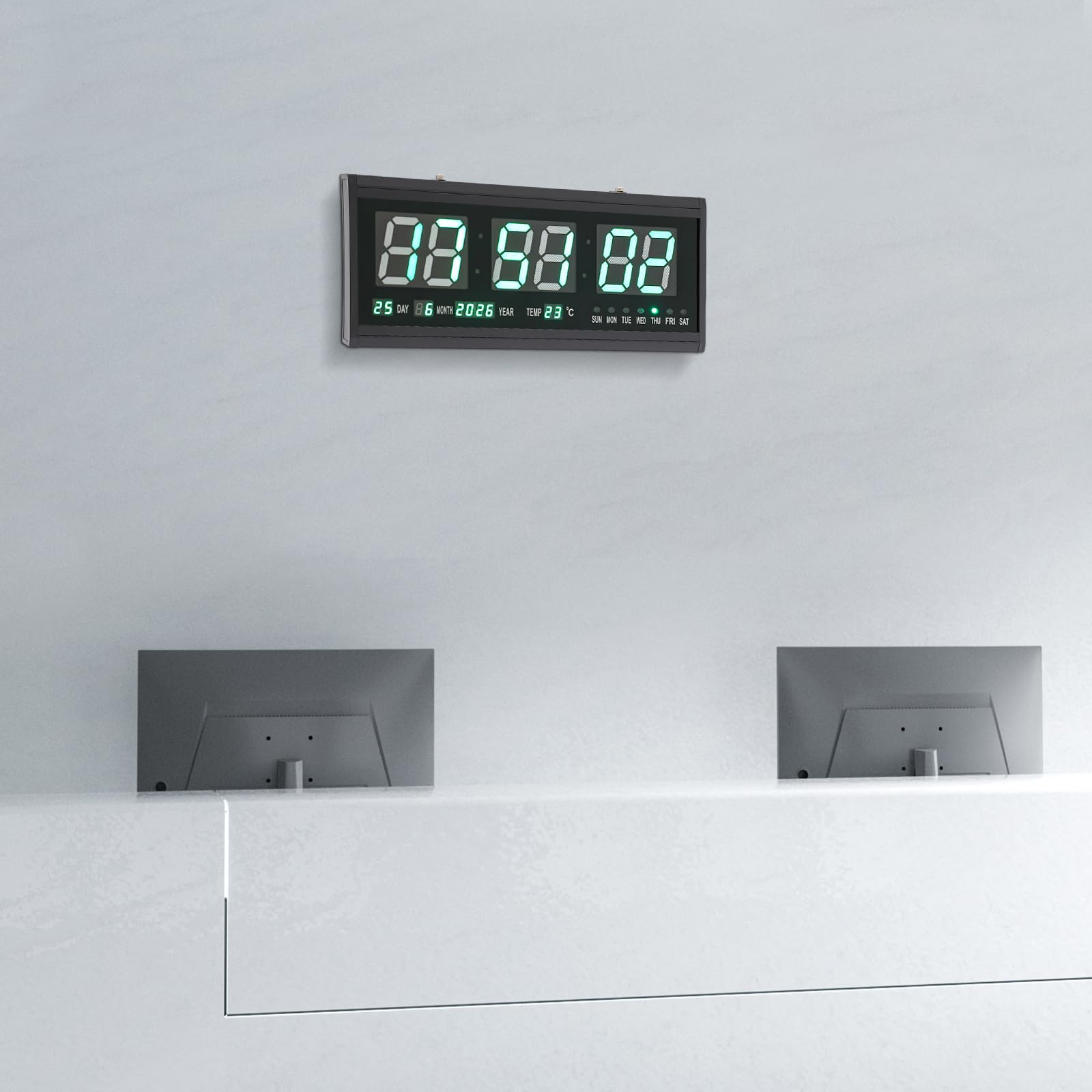 Orologio da parete digitale con visualizzazione della temperatura e della data; orologio da parete a LED, grande con display verde ed elegante cornice in plastica; utilizzabile da tavolo o da