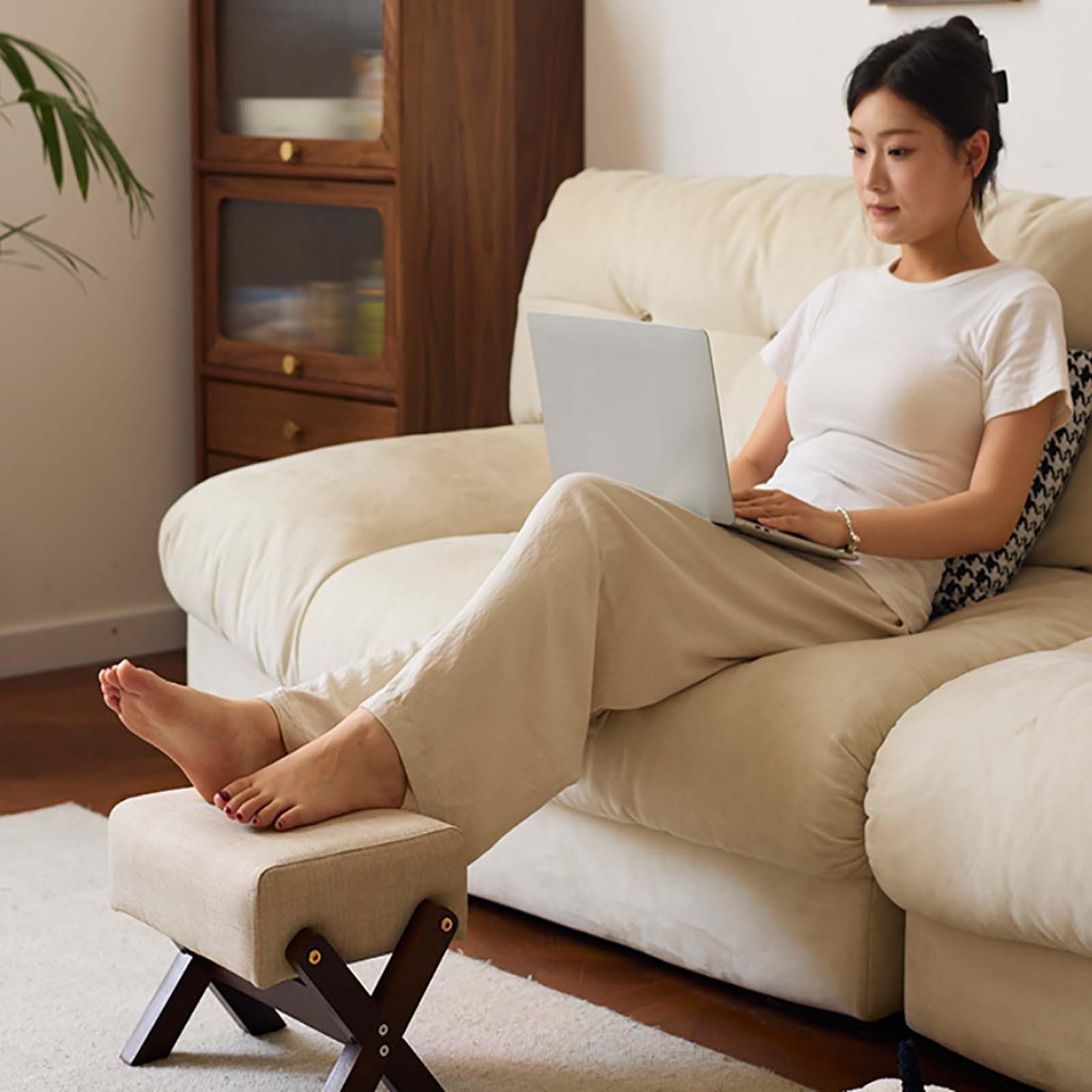 Lot de 2 repose-pieds multi-usages, coussin en mousse épaisse, tissu en lin, design en X, idéal pour chambre à coucher, salon et cuisine