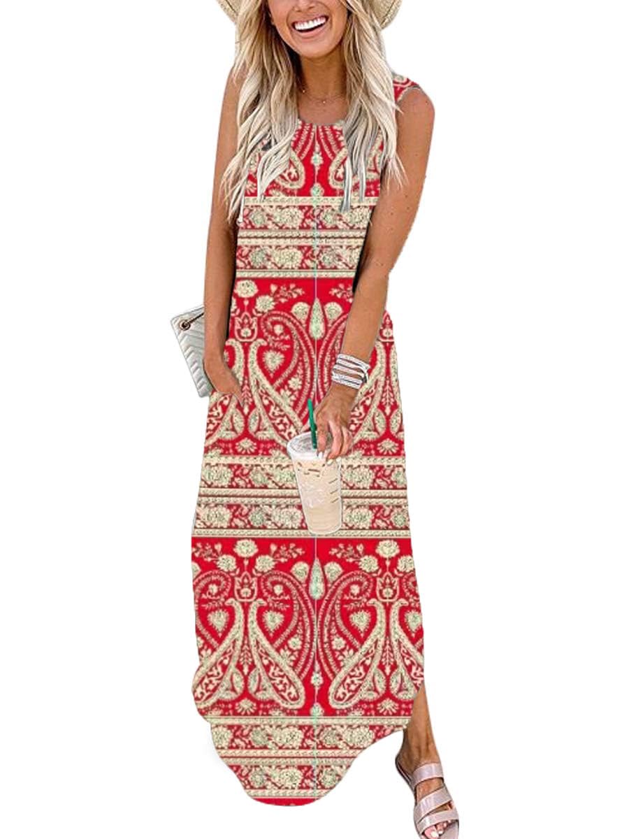 Cuptacc Vestido de verano para mujer, largo, sin mangas, 2024, estampado floral, vestido de playa, vestido largo con bolsillos, elegante