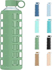 purifyou 40oz / 32oz / 22oz / 12oz Borosilicate Glass Water Bottle with Time & Volume Markers, Silicone Sleeve, Stainless Steel Lid | Reusable Glass Bottle for Water & Juice (40oz Shale Green)