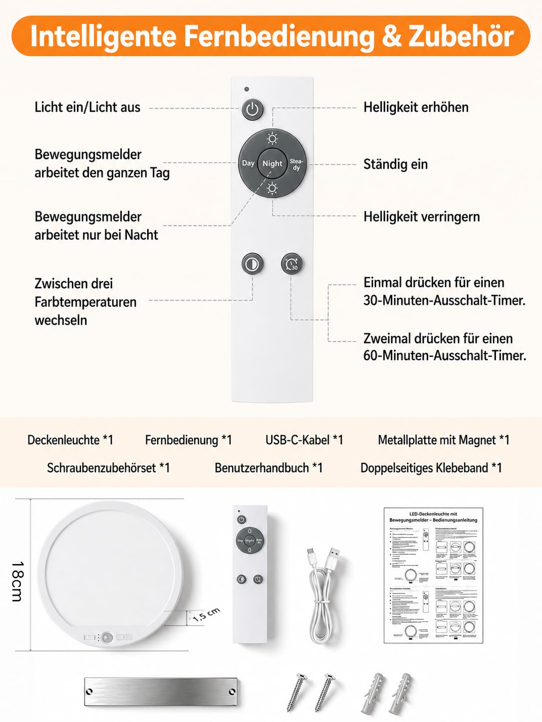 Wiederaufladbare Deckenleuchte mit Bewegungssensor, kabellos, batteriebetrieben, dimmbar, 3 Farbtemperaturen, magnetische Halterung für Schrank, Speisekammer, Flur, 2 Stück