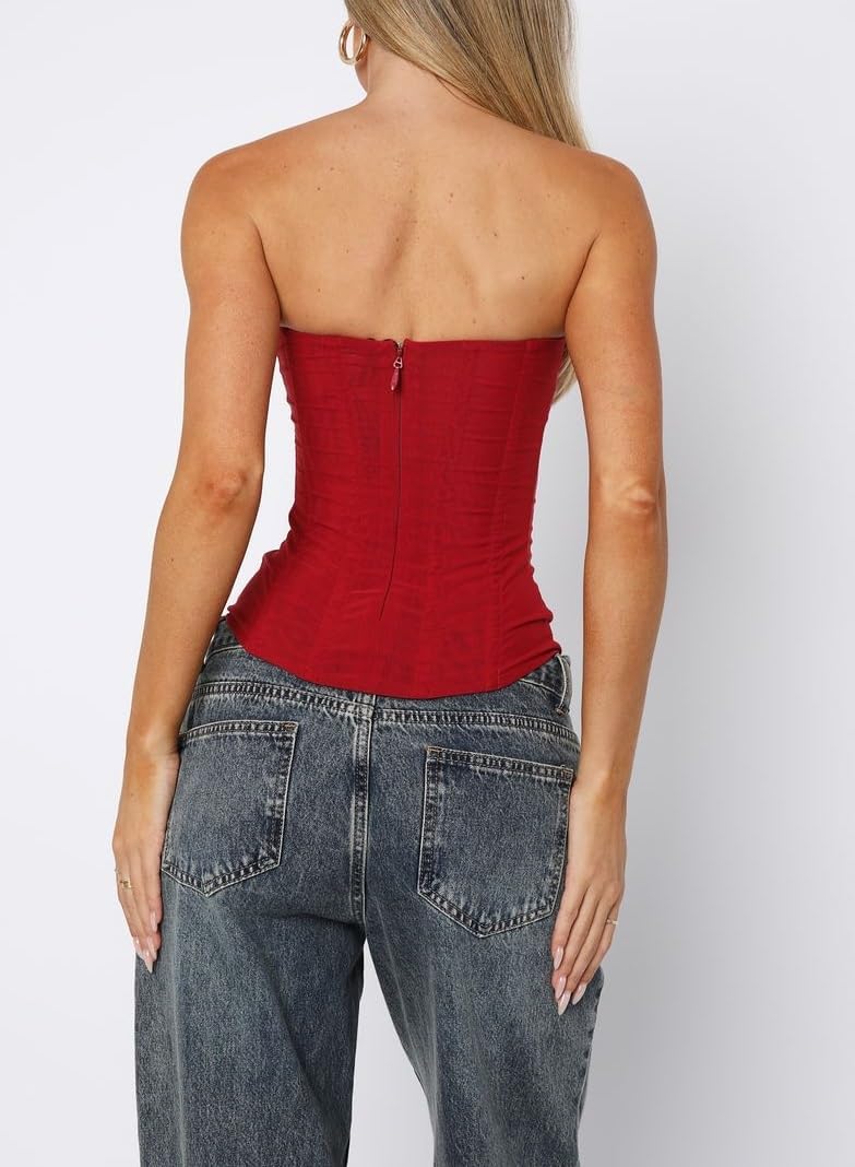 Faretumiya Women Floral Lace Corset Top Strapless Lace Up Bustier Tube Top Mesh Boned Corset Overbust Tops - Image 4