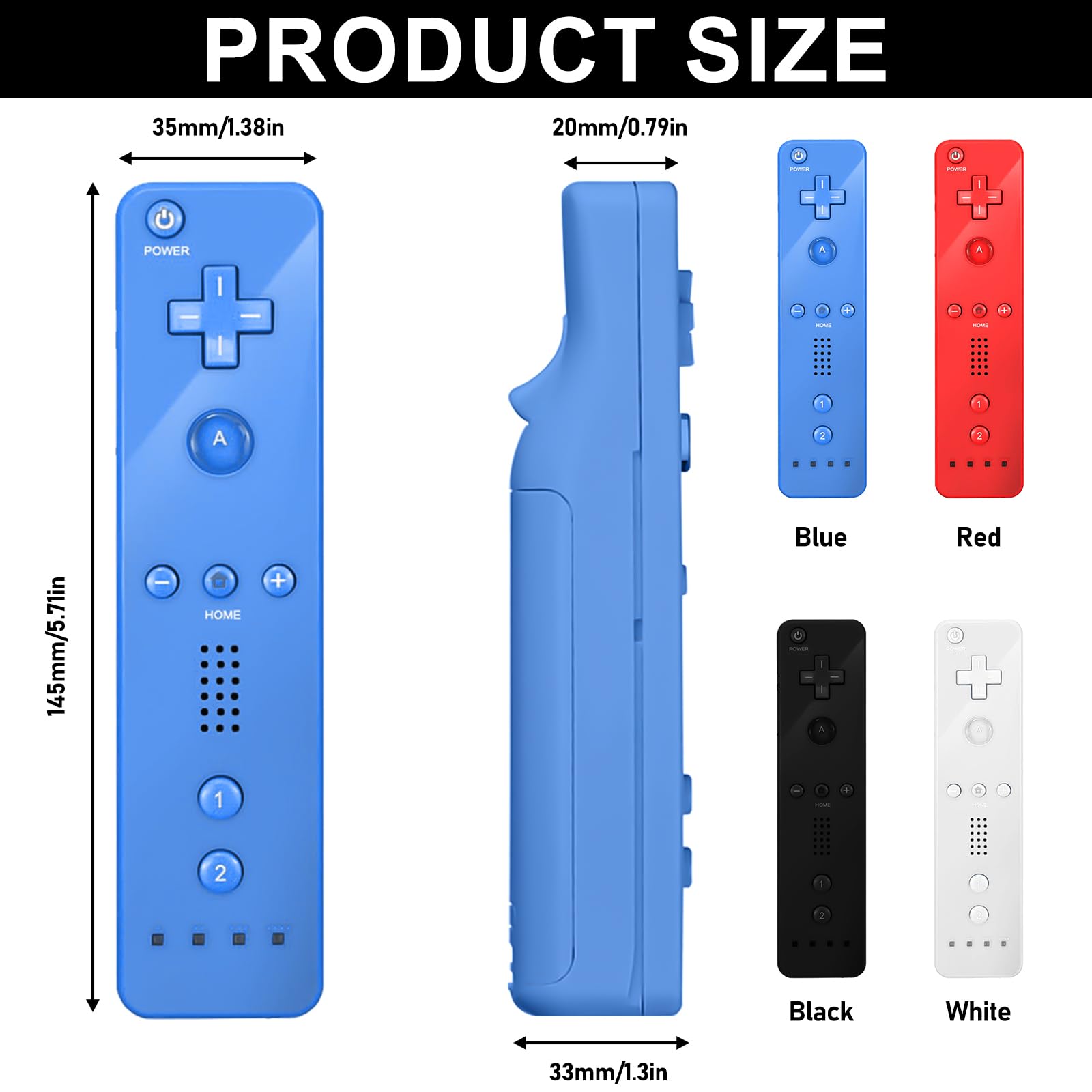 Leikurvo Manette Wii 4x - Télécommande Wii - Manette de jeu sans fil de remplacement pour WiiU (Noir + Blanc + Bleu + Rouge)