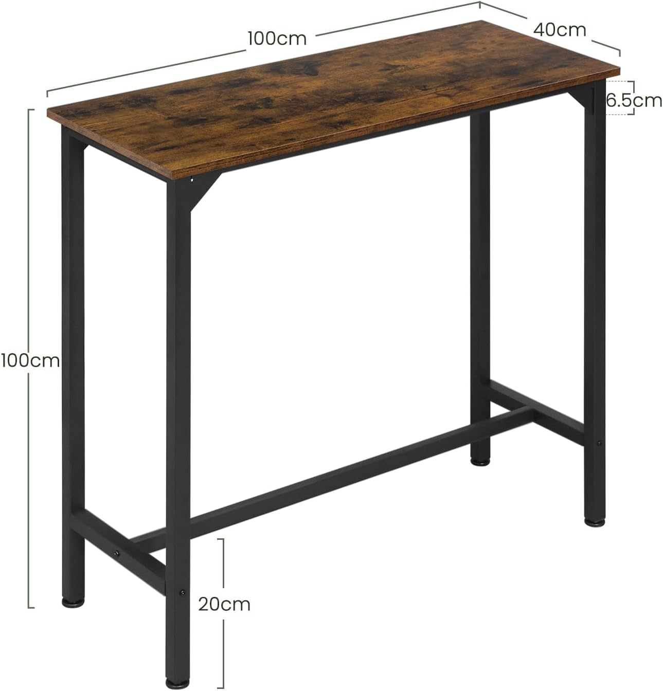 EUGAD Tavolo da Bar Salvaspazio, Tavolo Alto da Cucina Stretto, bancone bar in Legno & Metallo per Home Bar Cucina, 100 x 40 x 100 cm, Rustico + Nero