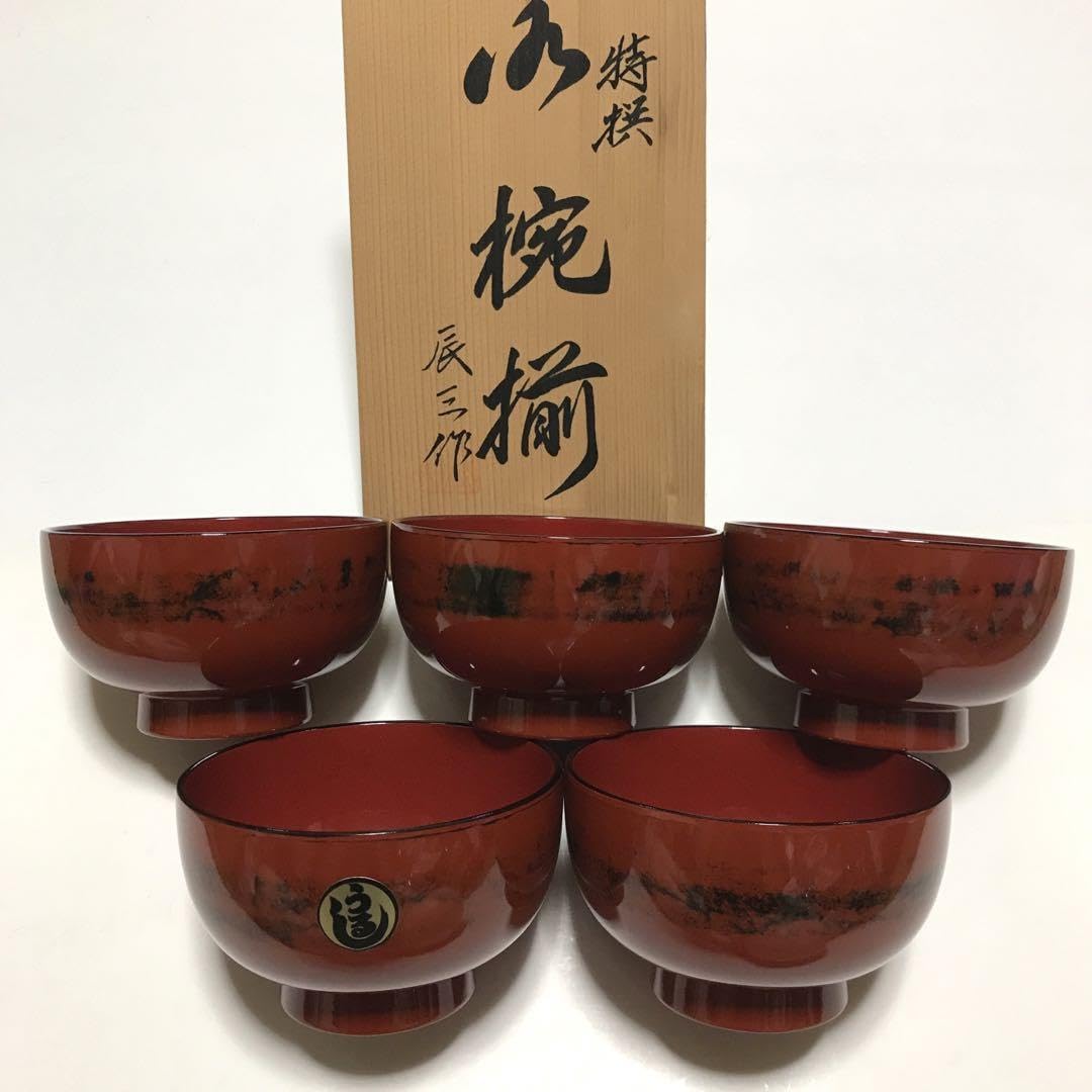 Amazon.co.jp: 会津塗り 根来塗り 汁椀 辰三作 5客セット 木箱入り 