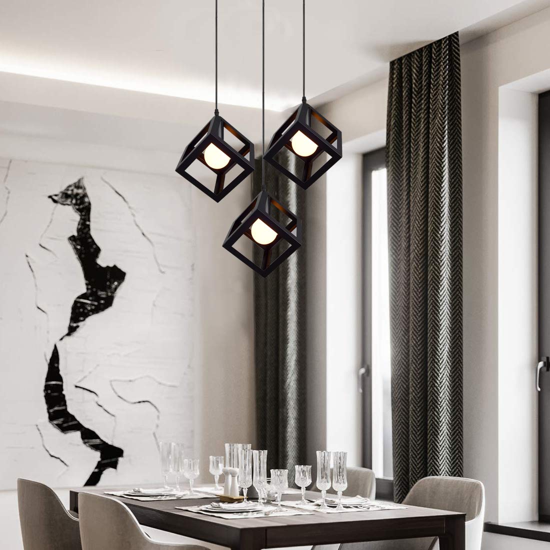 iDEGU 3 Lumières Lustre Suspension Vintage Style Geometrique Lampe de Suspension en Forme de Cube pour Chambre à Coucher, Salon, Salle à Manger, Cuisine - 16 CM, Noir