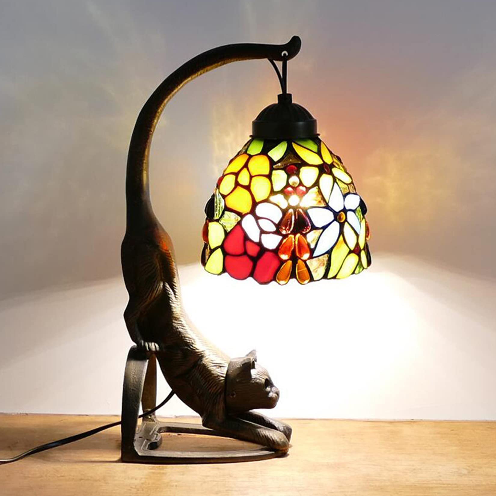 AIBOTY Bedside Lamp, Mini Night Light, Tiffany Lamp, Stained Glass Lamp, Small Table Lamp with Cat Alloy Base, Kids Bedroom Nightstand Desk Accent Lamp for Animals Kitty Lover,I