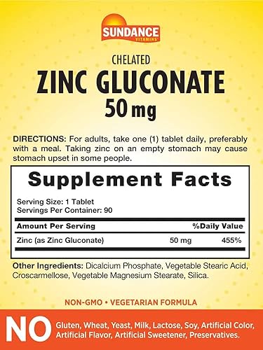 Miniatura 2 de Gluconato de zinc de 50 mg | 90 tabletas | Mineral esencial quelado | Suplemento vegetariano, sin OMG y sin gluten | por Sundance