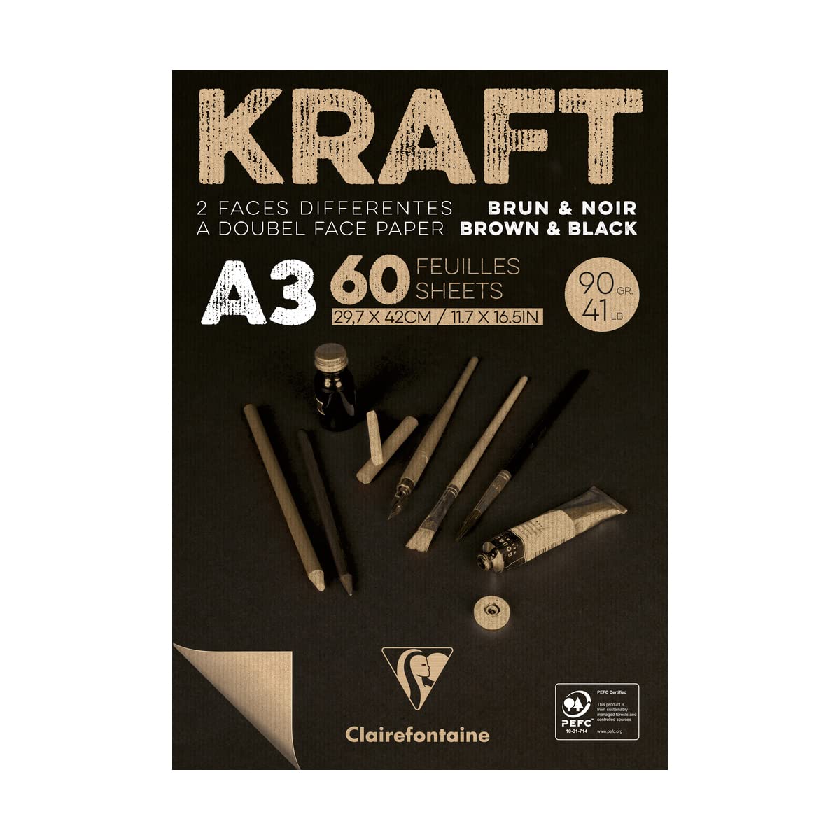 Clairefontaine Black/Brown - Ref 975819C - Kraft And Paper Pad (60 Sheets) - A3 (297 X 420Mm), 90Gsm, Acid Free, Ph Neutral, One Side & One Side