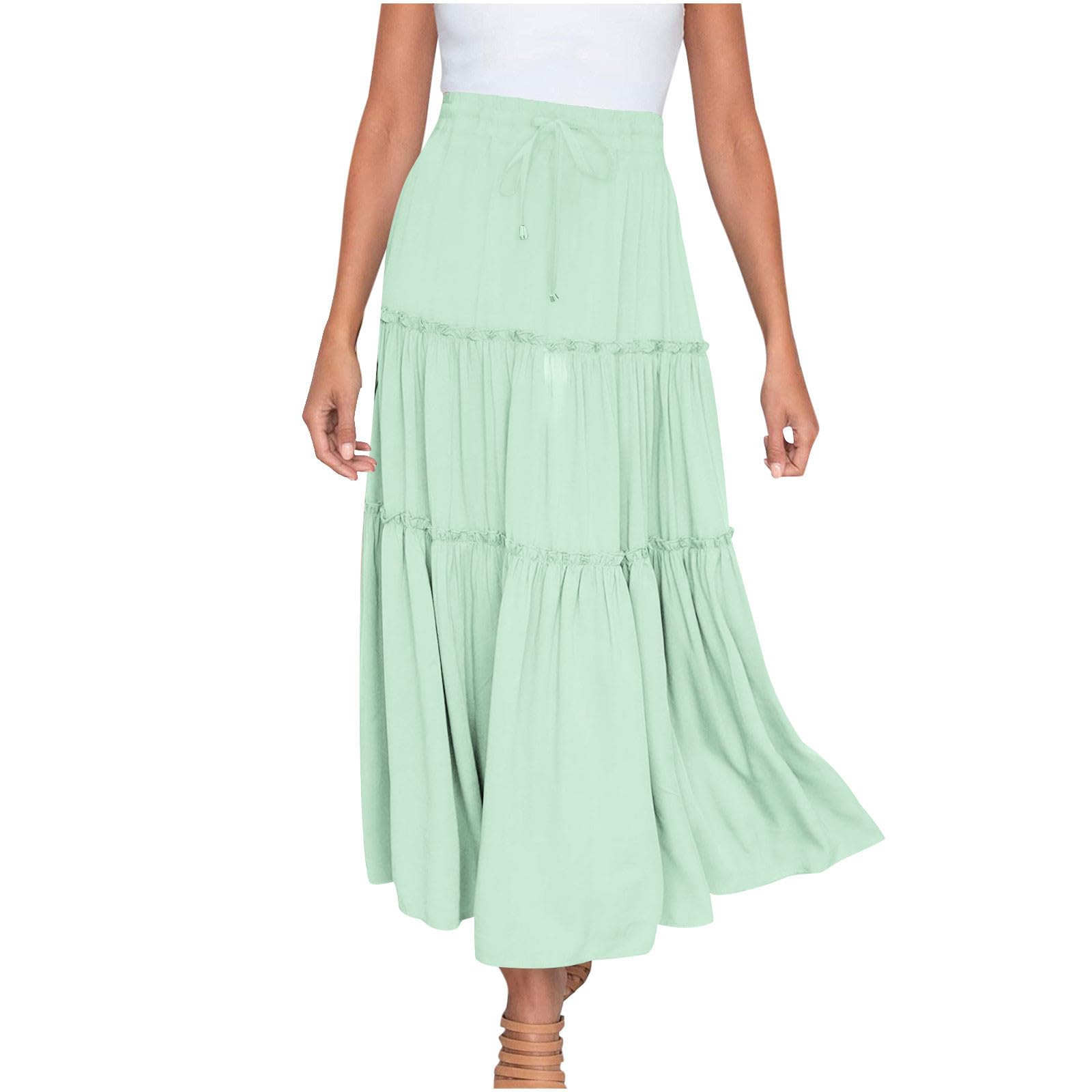 Generic Womens Boho Maxi Skirt Elastic Waist A Line Ruffle Long Skirts Trendy Beach Midi Tiered Swing Skirts