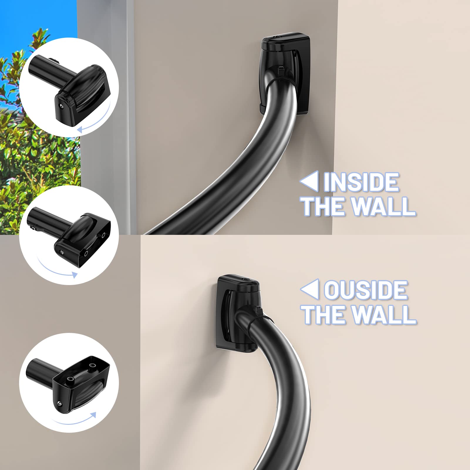 Asta Tenda Doccia Curva 140-200cm, Bastone Doccia Estensibile in Acciaio Inox 304, Supporto Parete Girevole a 180° per Pareti Inclinate, Tubo 25mm con 18 Ganci a Rullo, Nero