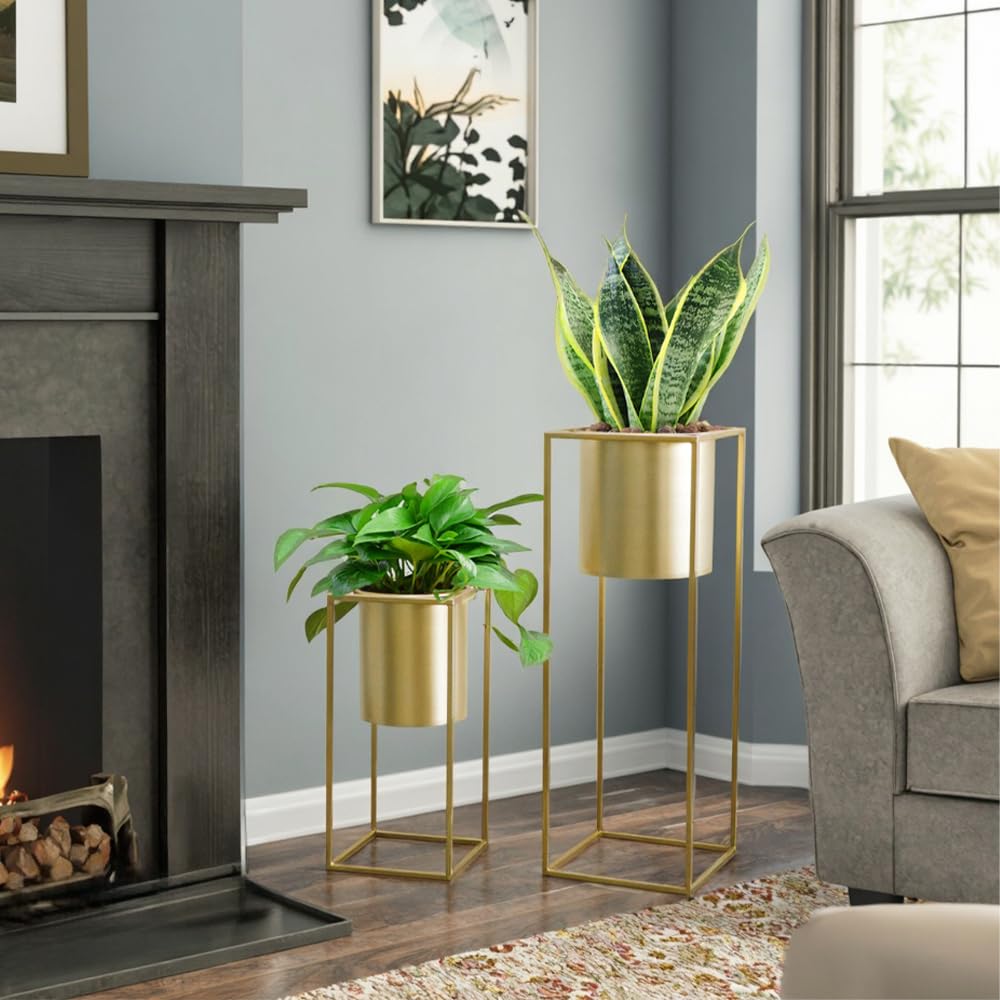 TRIROCKS - Juego de 2 macetas de flores doradas modernas con soporte para plantas de interior, 70 y 45 cm de altura, para salón, cocina, oficina, jardín, balcón, terraza (dorado)