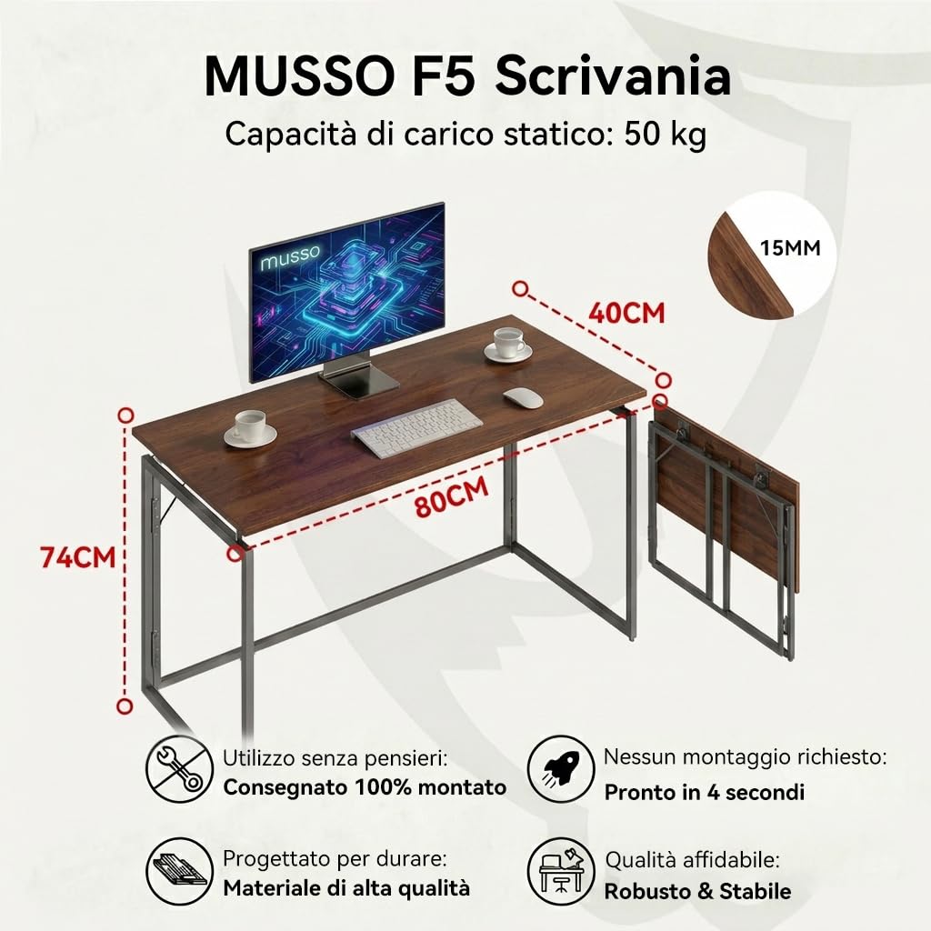 MUSSO F5 Scrivania Pieghevole 80 x 40 cm, Senza Montaggio, Marrone | Piano 80 x 40 cm, Pieghevole, Senza montaggio, Casa, Studio e Hobby