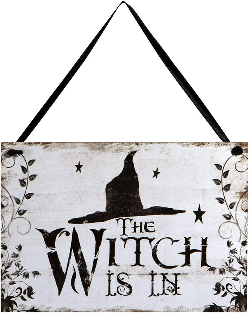 LUOEM Halloween Hanging Welcome Sign Trick or Treat Wooden Plaque Board for Haunted House - Witch is in