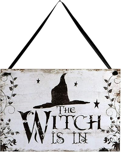 LUOEM Letrero colgante de bienvenida de Halloween, tablero de placa de madera para casa embrujada - La bruja está en