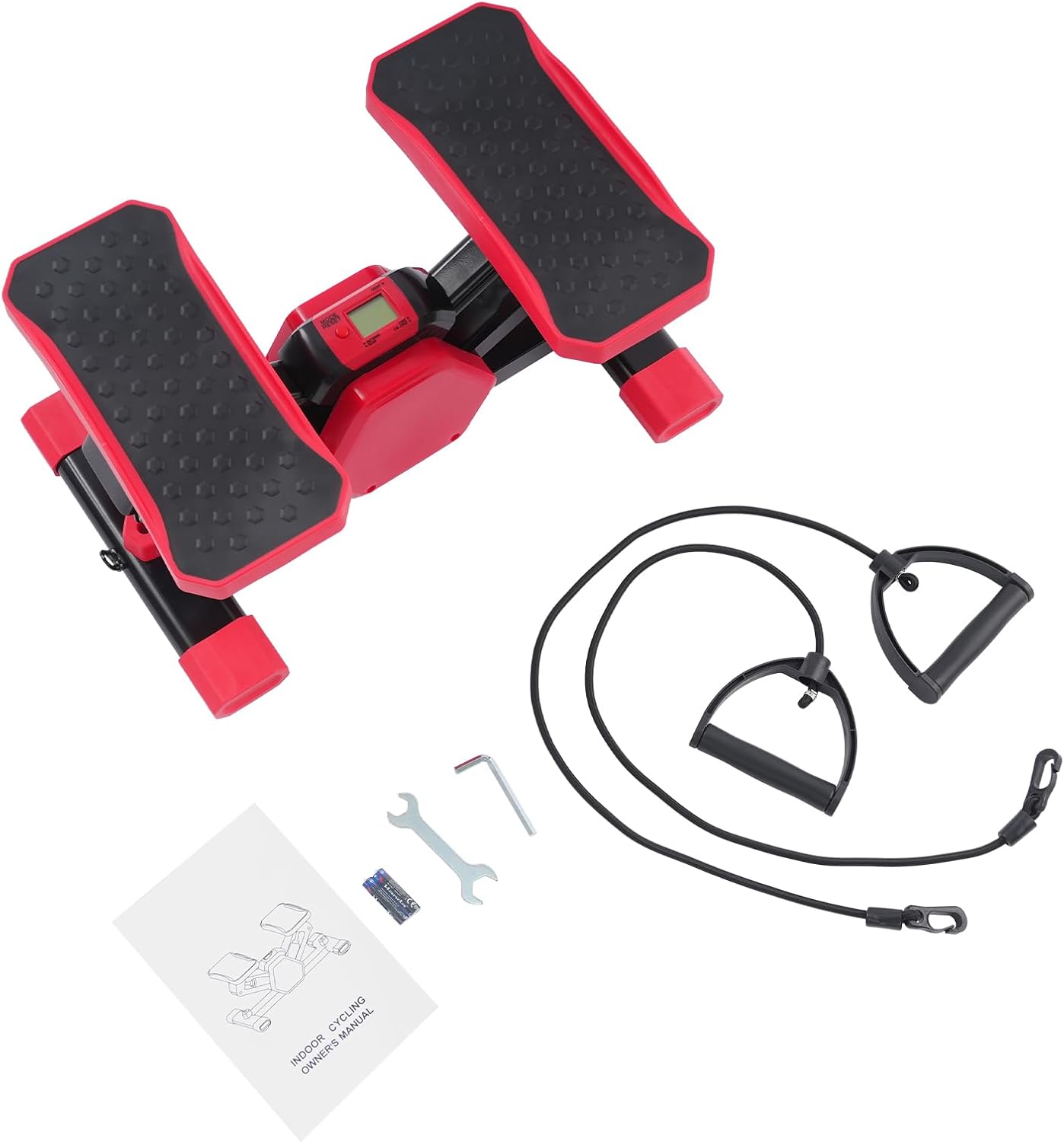 Portable Pedal Exerciser with Pull Ropes, Hydraulic Stepping Machine for Leg and Arm Workout, V Shape Design with LCD Display for Home Office Black Red