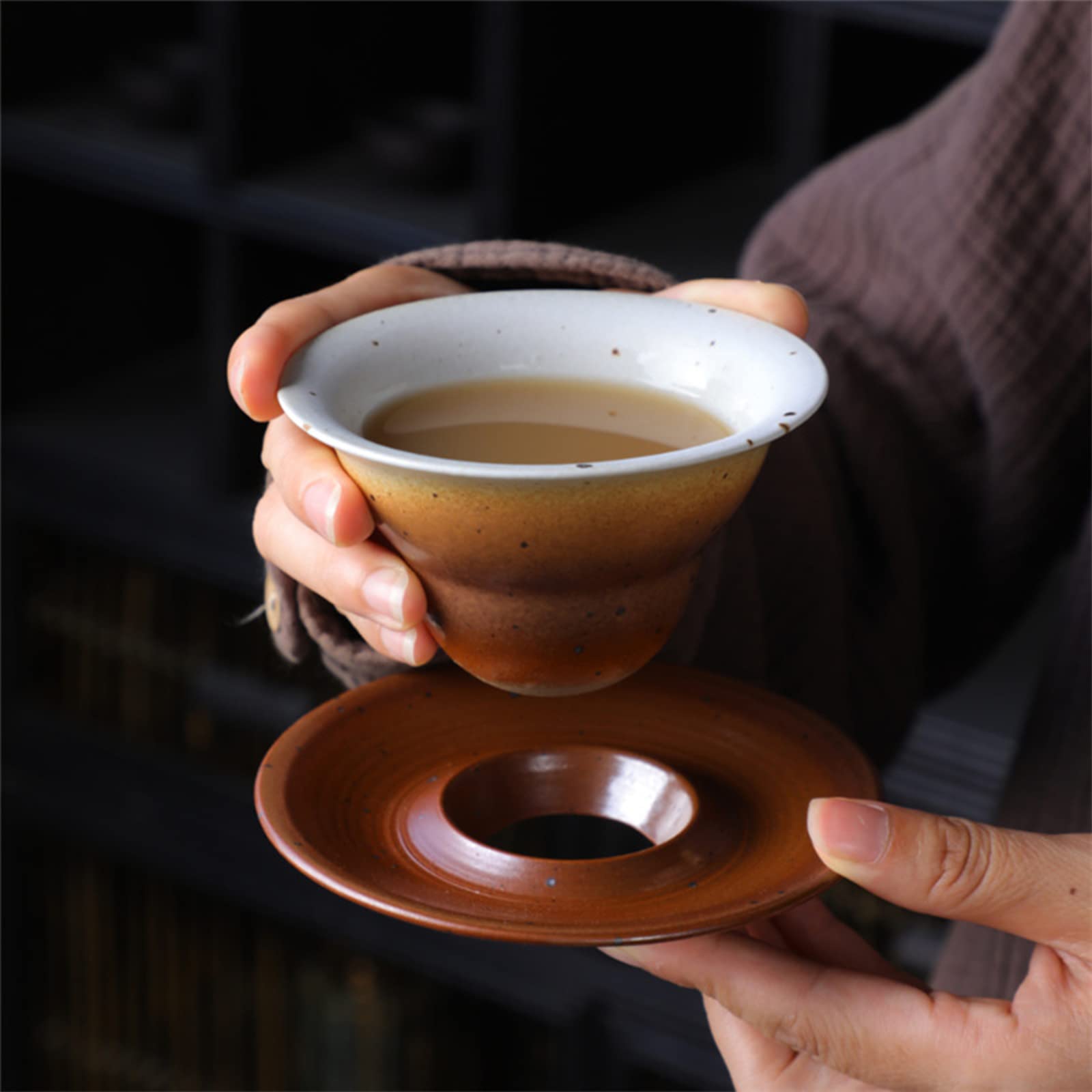 Taza de capuchino hecha a mano de 5.4 oz con platillo Tazas de café expreso de cerámica gruesa Tazas de café de porcelana de cerámica para capuchino Leche Cacao, Apilamiento y ahorro de su encimera,