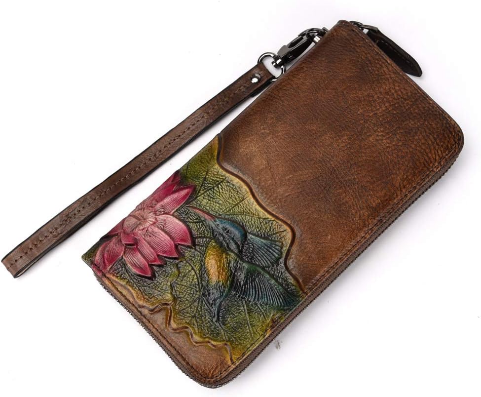 Women's genuine leather and cowhide wallet with retro carved zipper, long wallet with multi-layer design (Retro Coffee)