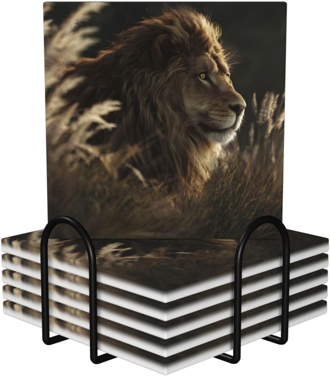 (Majestic Lion) Ceramic Coasters Set of 6 with Holder Non-Slip Square Coffee Coasters for for Cup Mug Drink Patio Coffee Table Decor, Christmas Coasters Home Bar Supplies