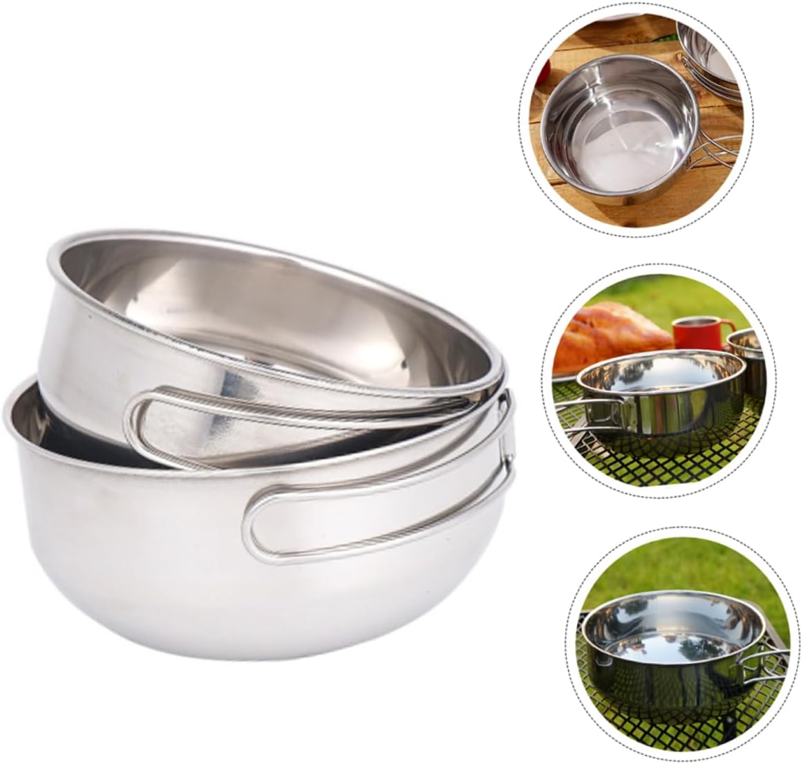 3pcs Portable Camping Tableware Folding Bowl Mesh Bag Stainless Steel Bowl for Outdoor Use