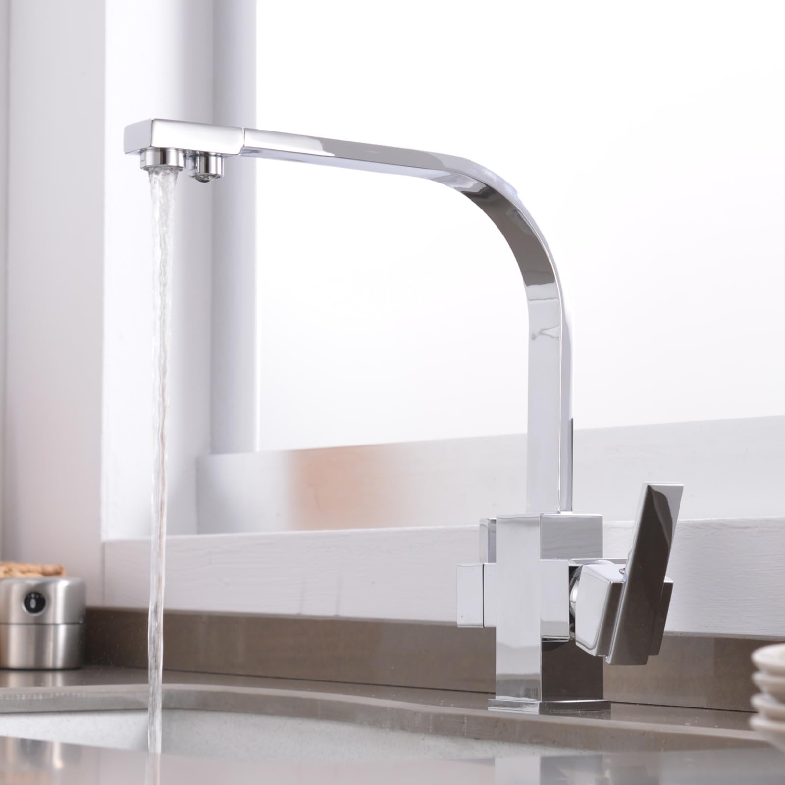 Grifo de cocina cromado giratorio de 360° con sistema de ósmosis de doble salida para agua potable, grifo mezclador de alta calidad para fregadero, diseño moderno, fácil instalación