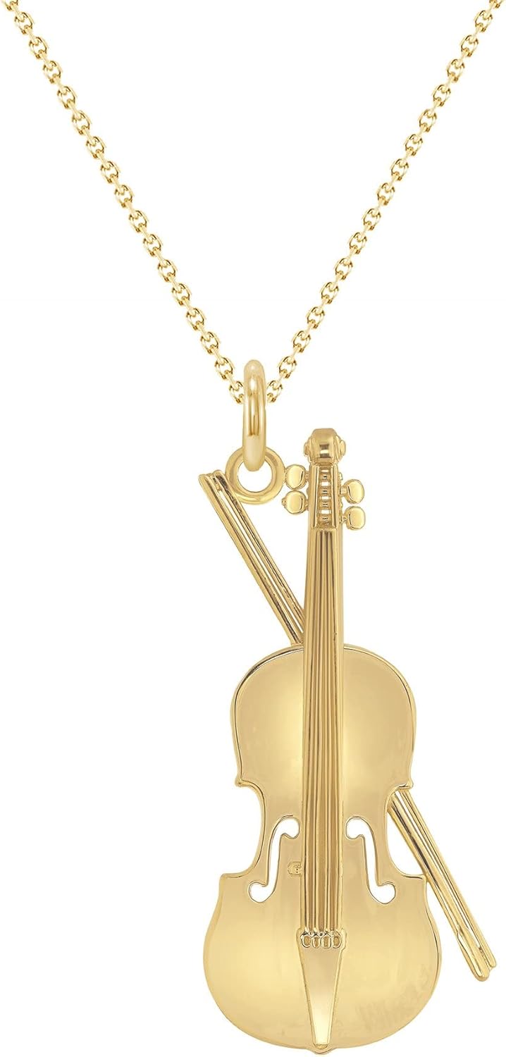 Takar Solid 10k Gold Large Musical Violin Pendant Necklace, Violin Gold Pendant For Men and Women in 16” to 22” Chain Sizes, Music Jewelry Gift for Teen or Music Lover Made In USA.