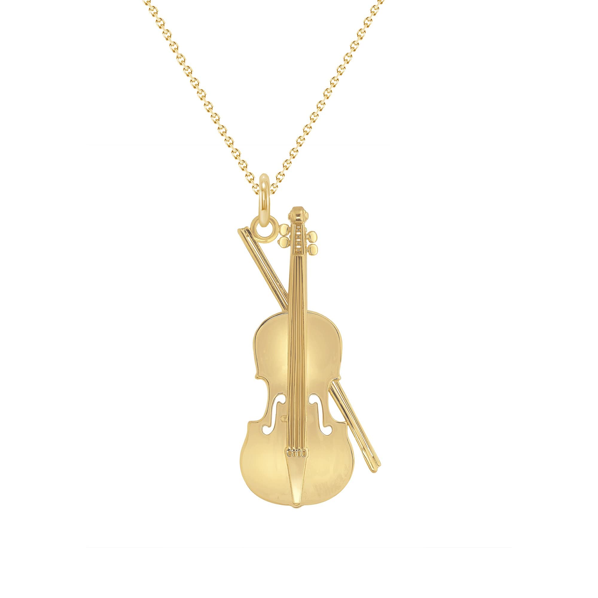 Takar Solid 10k Gold Large Musical Violin Pendant Necklace, Violin Gold Pendant For Men and Women in 16” to 22” Chain Sizes, Music Jewelry Gift Made In USA.