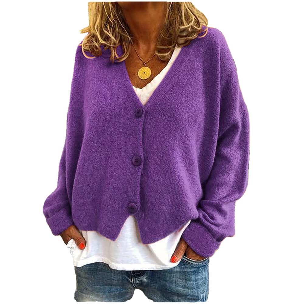 KCatsy Womens Sweater Cardigan Jumper Plus Size Solid Colour Plain Oversize Button-Down V-Neck Knitted Tops Loose Knitwear
