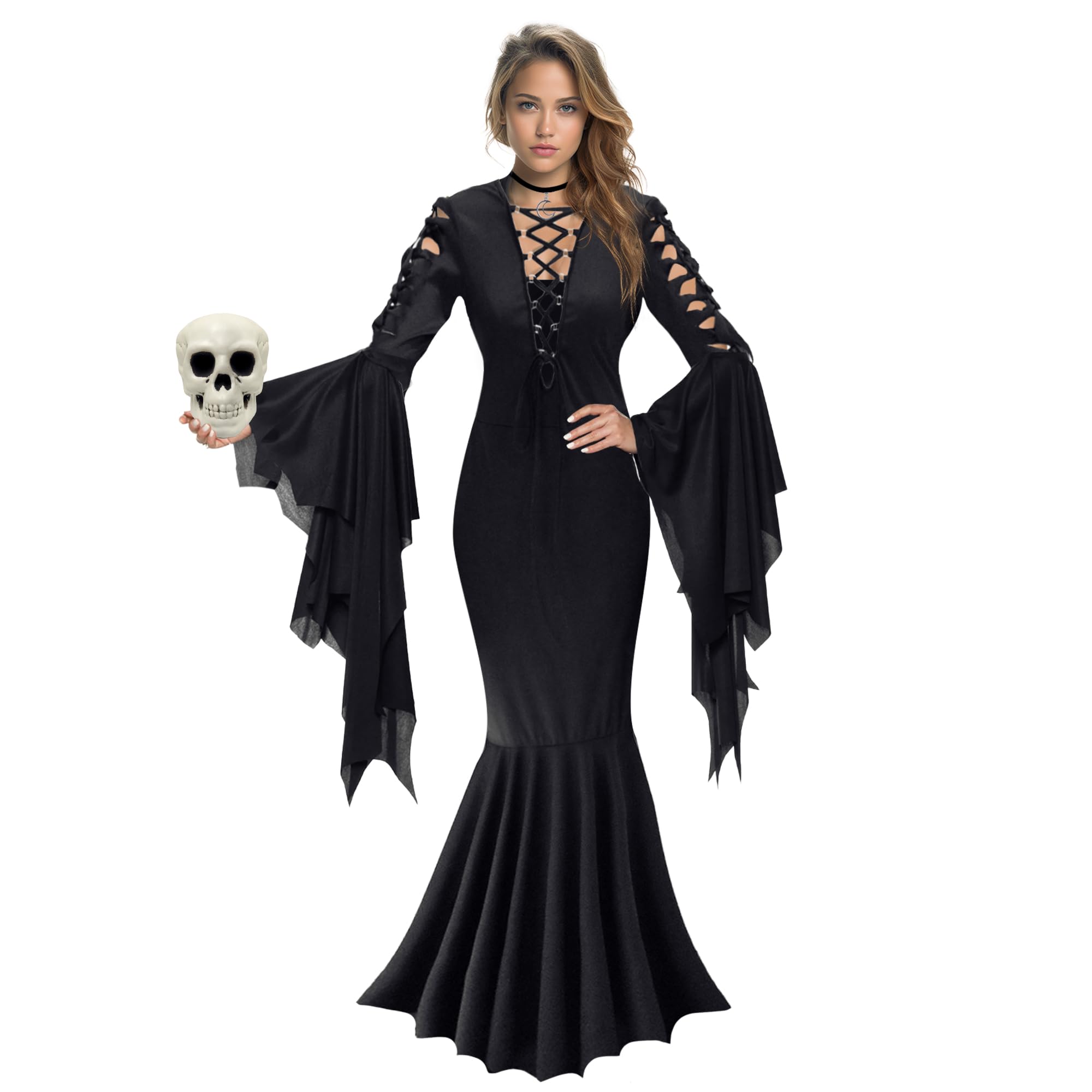 Amazon.com: KatchOn Gothic Witch Costume - Adult Black Witch Dress with  Collar Choker and Skull | Gothic Dress for Women, Halloween Costume :  Clothing, Shoes & Jewelry