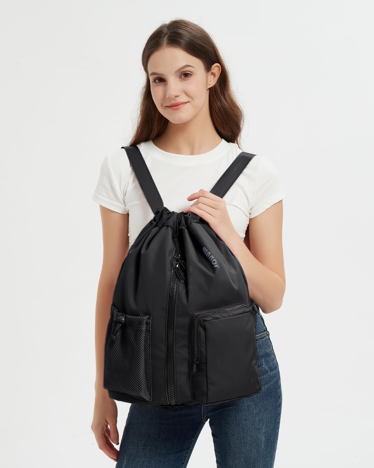 WANDF Turnbeutel mit Schuhfach, Sportbeutel Wasserabweisend,Gym Bag mit Kordelzug für Damen Herren Kinder,Große Kapazität Rucksack für Sport,Schwimmen,Reisen,Schule (Schwarz)