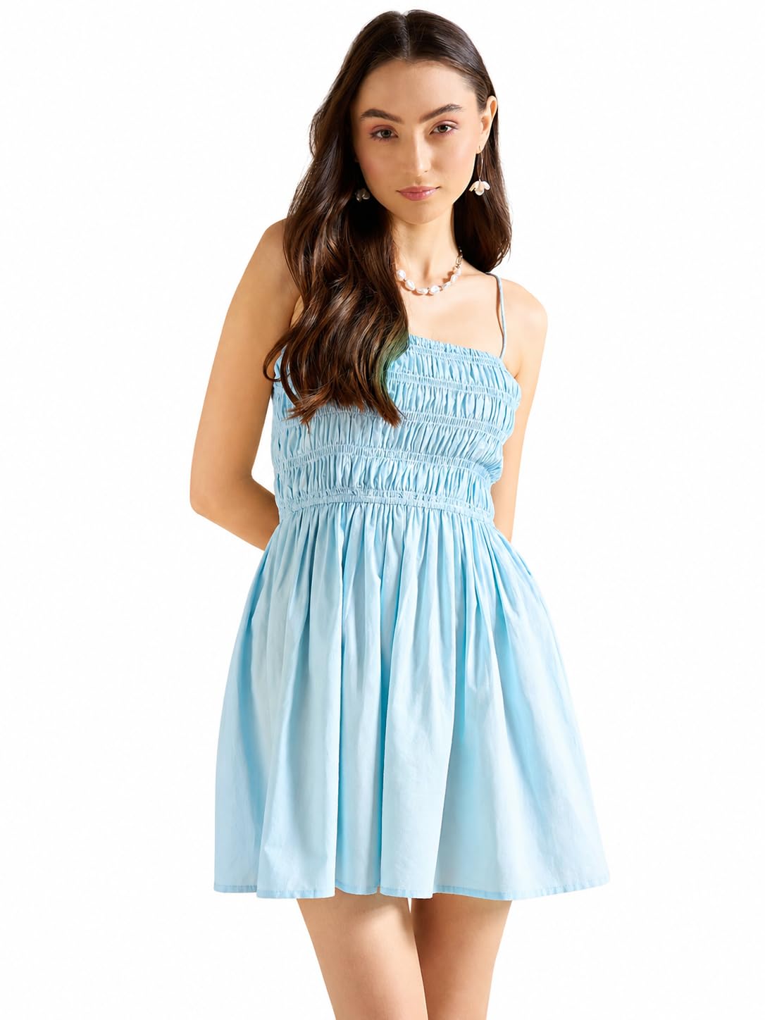 drape and dazzle Smocked Dress for Women Blue Summer Mini Dress Sleeveless Cotton Fit Flare Style-picture-41