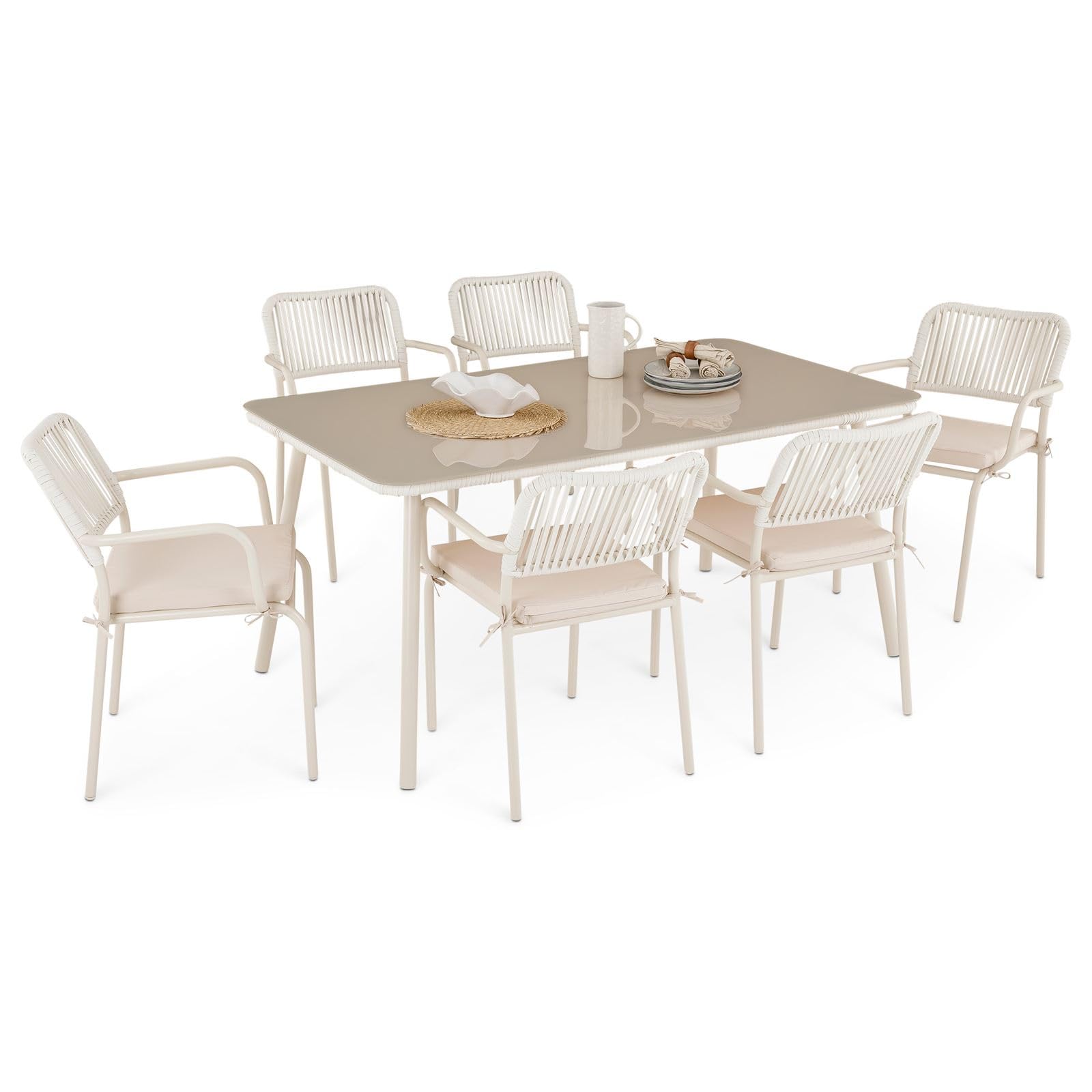 IDIMEX Gartenmöbel Set VOLONTE 1 Tisch 6 Stühle, Beige – Wetterfeste Sitzgruppe mit Glasplatte & Rope-Bespannung für Garten Terrasse Balkon