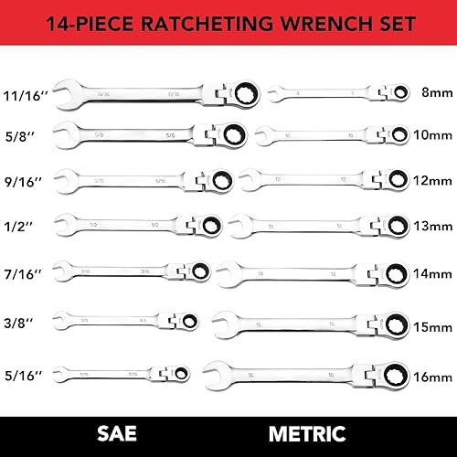 Miniatura 2 de Juego de llaves de trinquete métricas de 14 piezas de 0.23 a 0.79 pulgadas, llaves combinadas de trinquete de cabeza fija con bolsa de