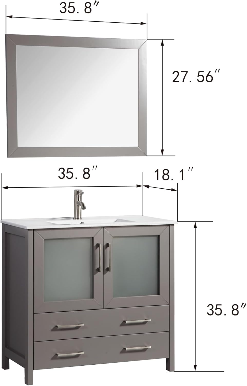 Vanity Art 36 Inch Under Mount Single Sink Bathroom Vanity Cabinet with 1 Mirror, Ceramic Top Bathroom Cabinet Compact Set with 2 Dovetail Storage Drawers and Brushed Nickel Handles, VA3036-G