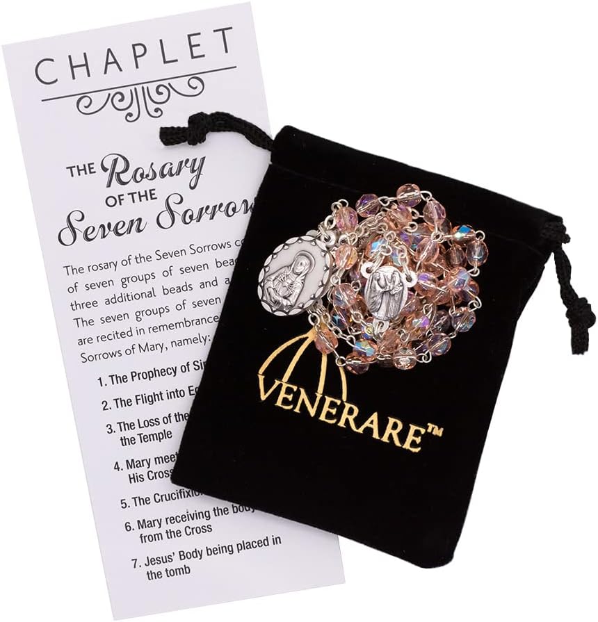 Venerare Rosary of the Seven Sorrows | Chaplet Beads, Pouch, and Instructions | Pink, Blue, or Black | Great Catholic Gift for First Holy Communion and Confirmation | Made in Italy - Image 3