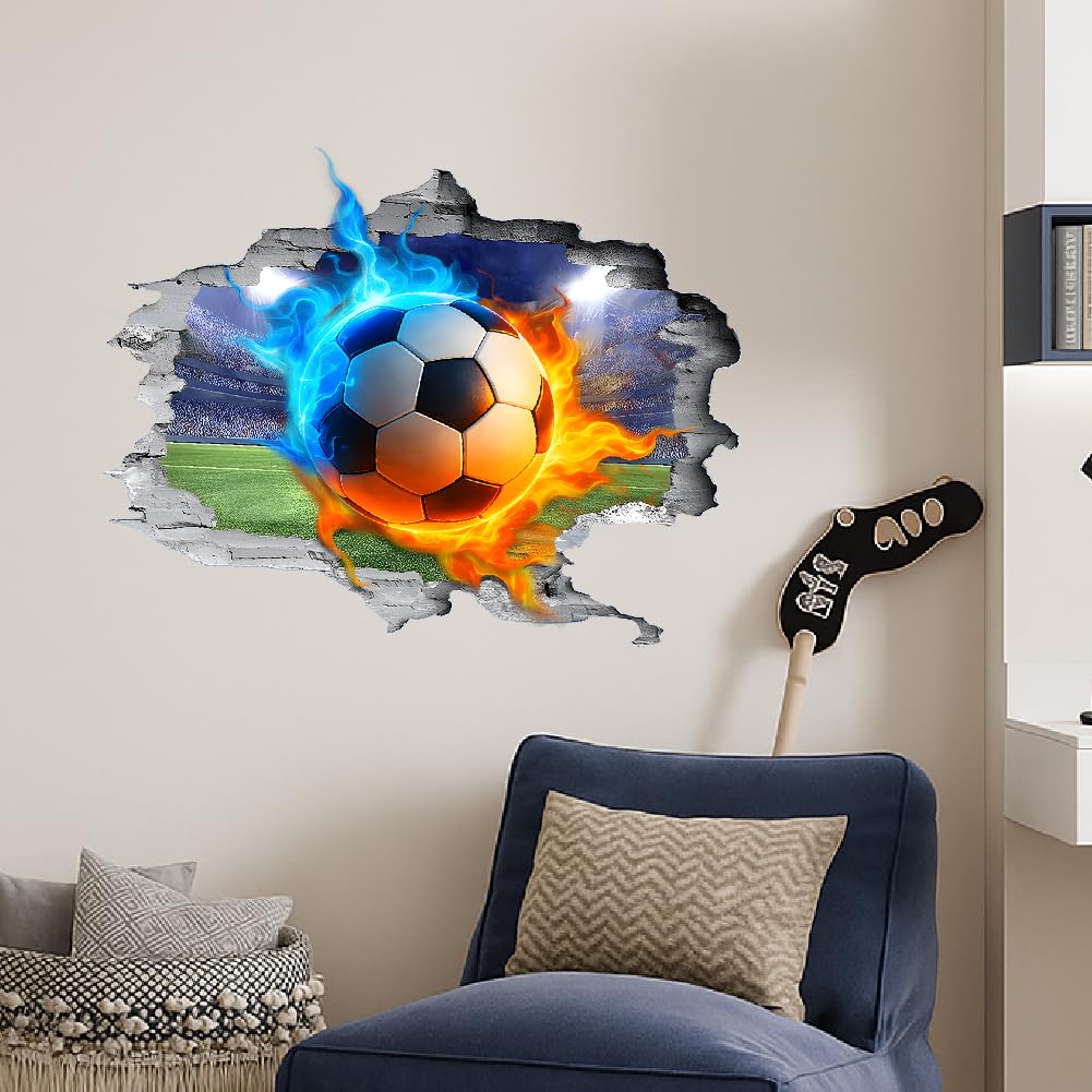 SUPERDANT 3D Soccer Wall Sticker Flame Football Wall Decals Breaking The Walls Peel and Stick Vinyl Art Mural for Boys Kids Teenager Room Playroom Home Livingroom Bedroom Nursery Decor - Image 4