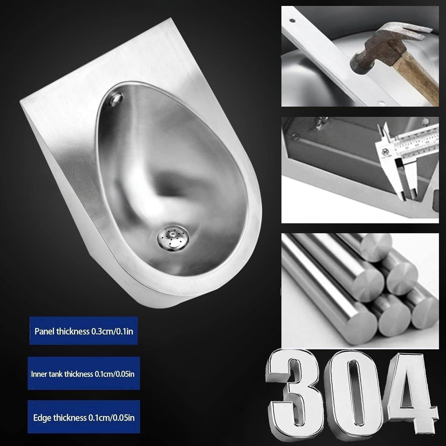 304 Stainless Steel Urinal, Automatic Wall Mounted Men's Bathroom Urinal, Household/Commercial Sensor Urinals for Men's Adult, Intelligent Flushing Male Toilet for Bathroom Hotel Shop(Black)