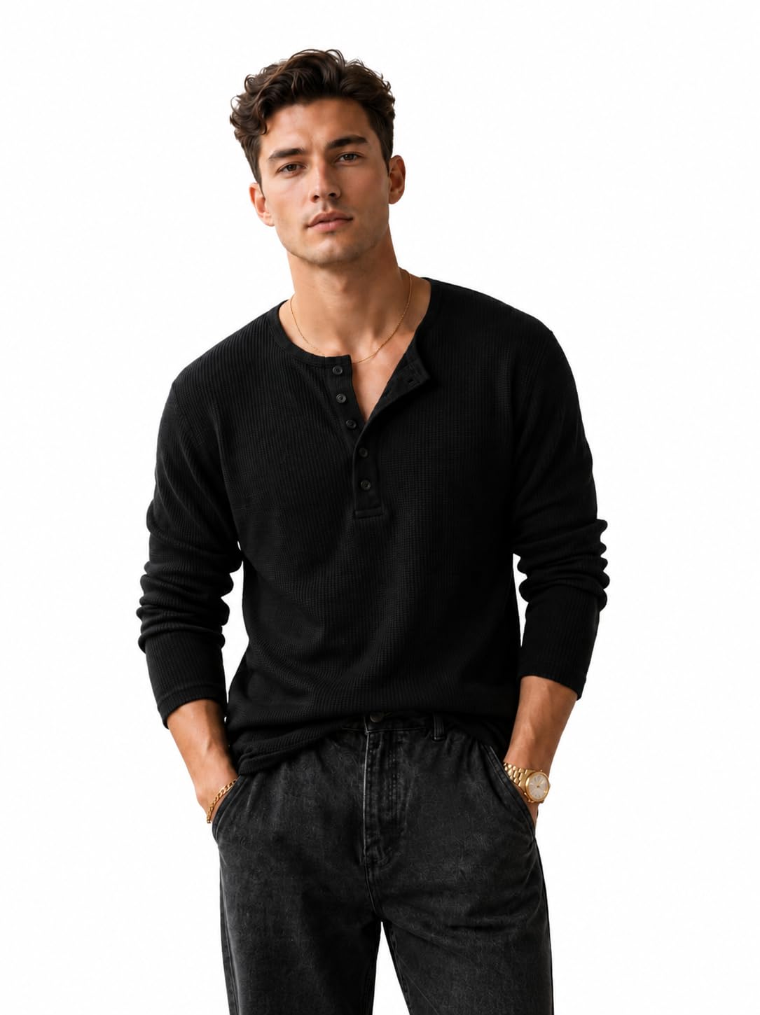 Men's Textured Fabric Solid Half-Open Collar T-Shirt-image-1