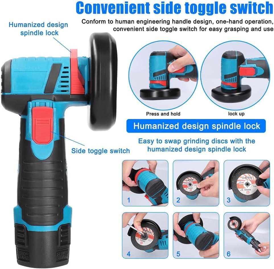 Image of Cordless Mini Angle Grinder Machine with Rechargeable Battery | Portable Electric Grinder for Metal, Tile, Wood Polishing & Cutting with Spindle Lock and Toggle Switch-Blue