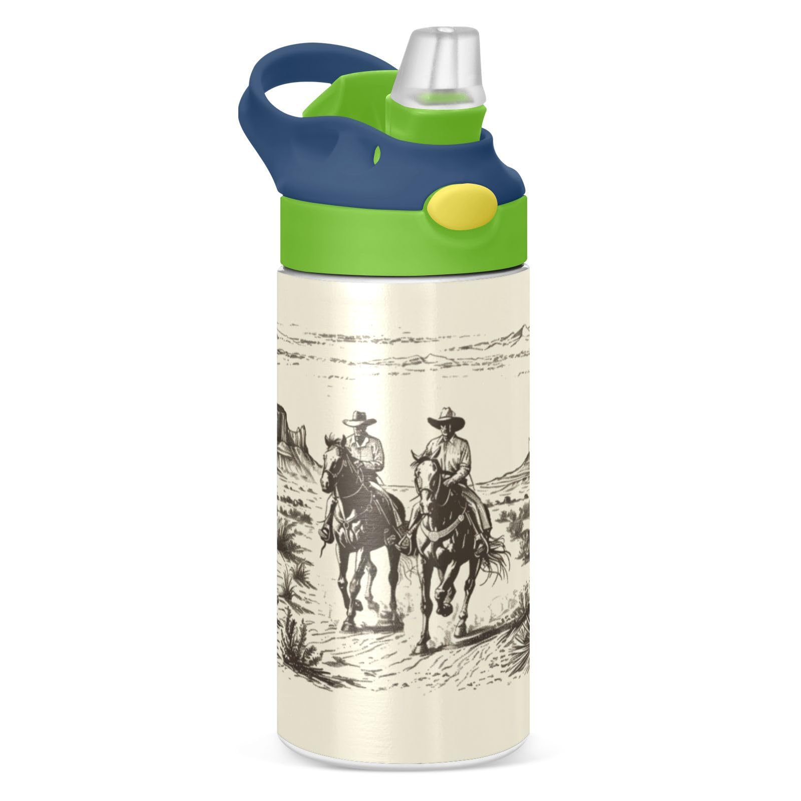 Boccsty Horse Cowboys Kids Water Bottle with Straw Lid American Wild West Desert Insulated Stainless Steel Reusable Tumbler for Boys Girls Toddlers 12
