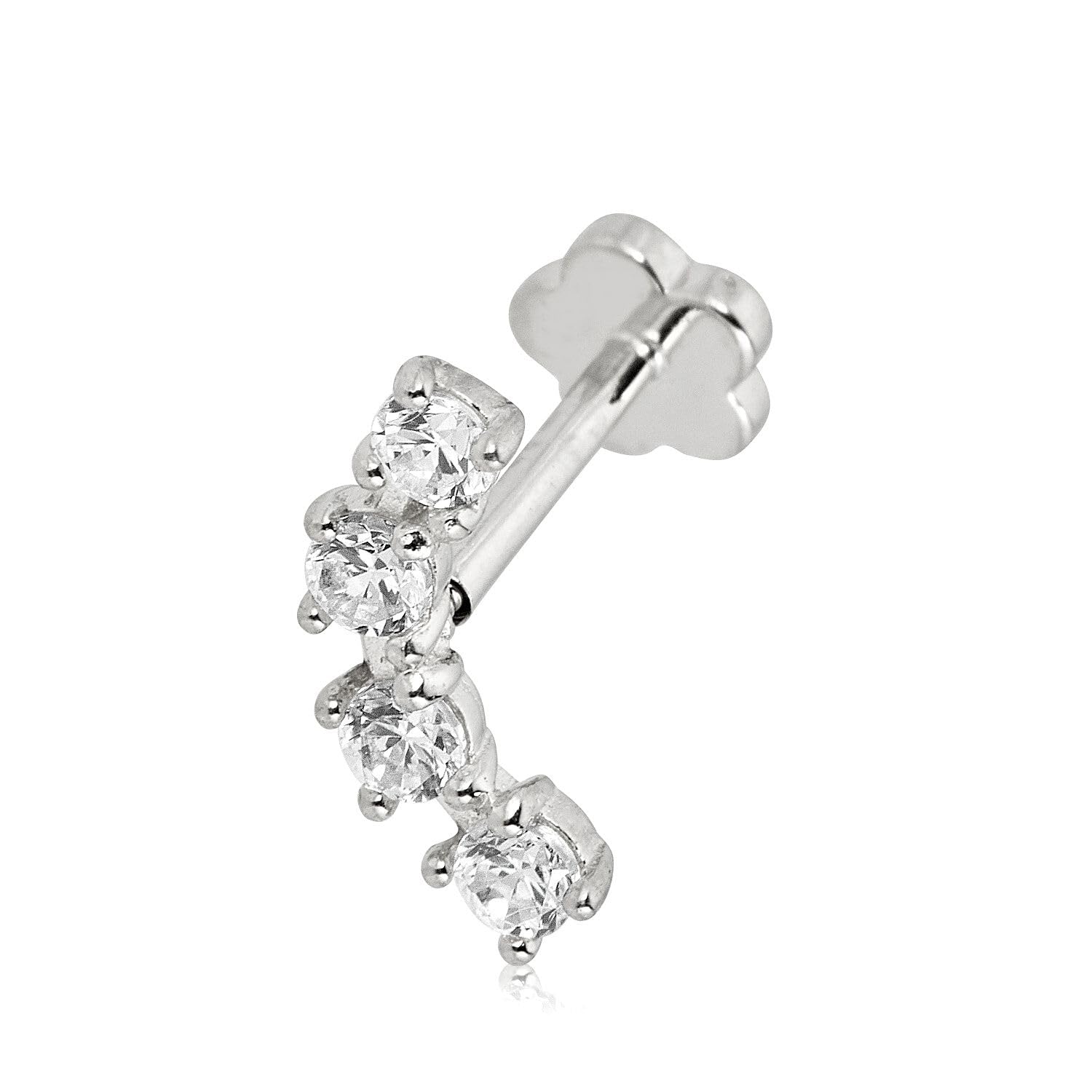 AVORA 14K Gold 4 stone Simulated Diamond CZ Curved Bar Cartilage Piercing Flat Back Earring Body Jewelry (18 Gauge)