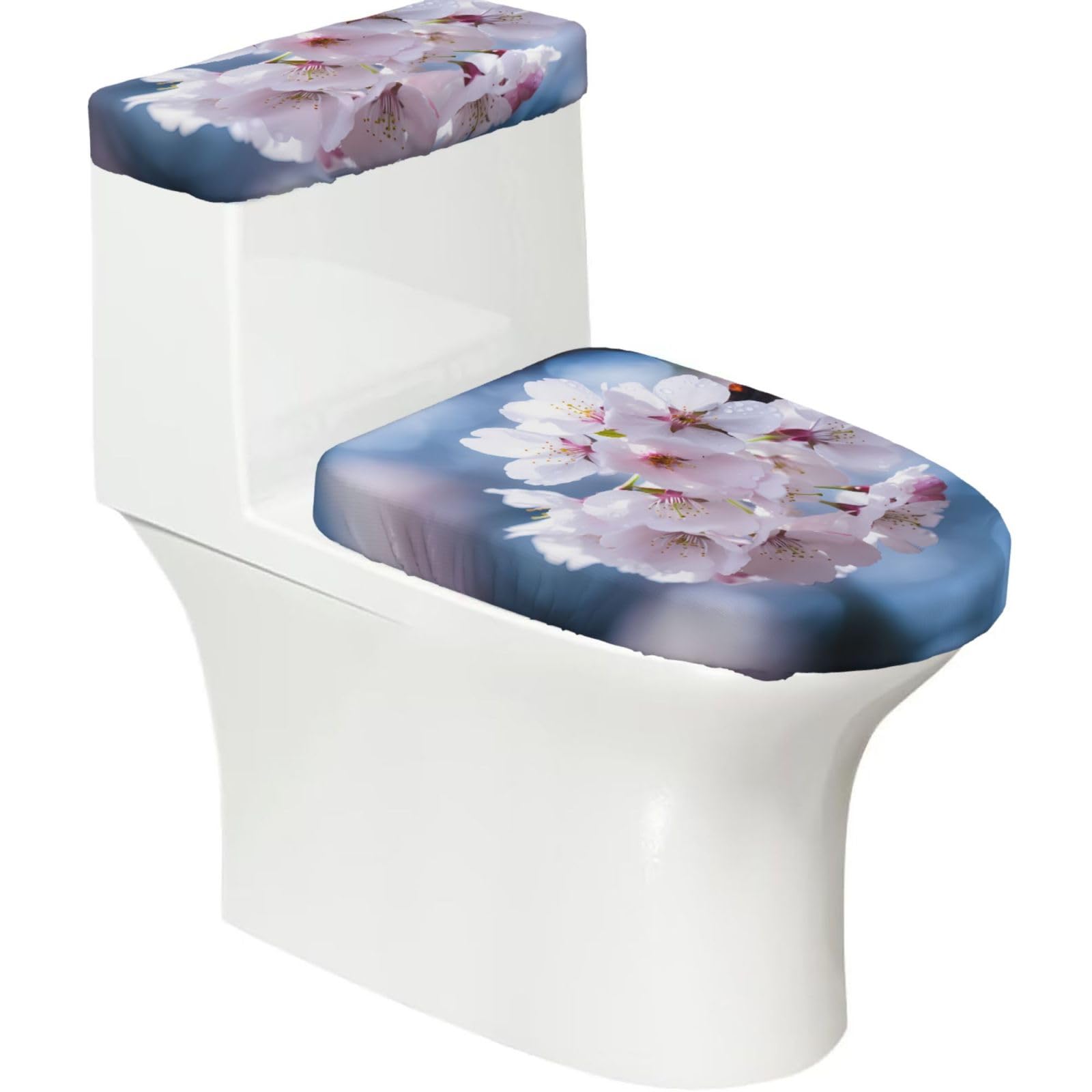 Japanese National Flower 2-Piece Toilet Seat Cover Set with Tank Lid - Elastic for U-Shape & Elongated - Bathroom Decor