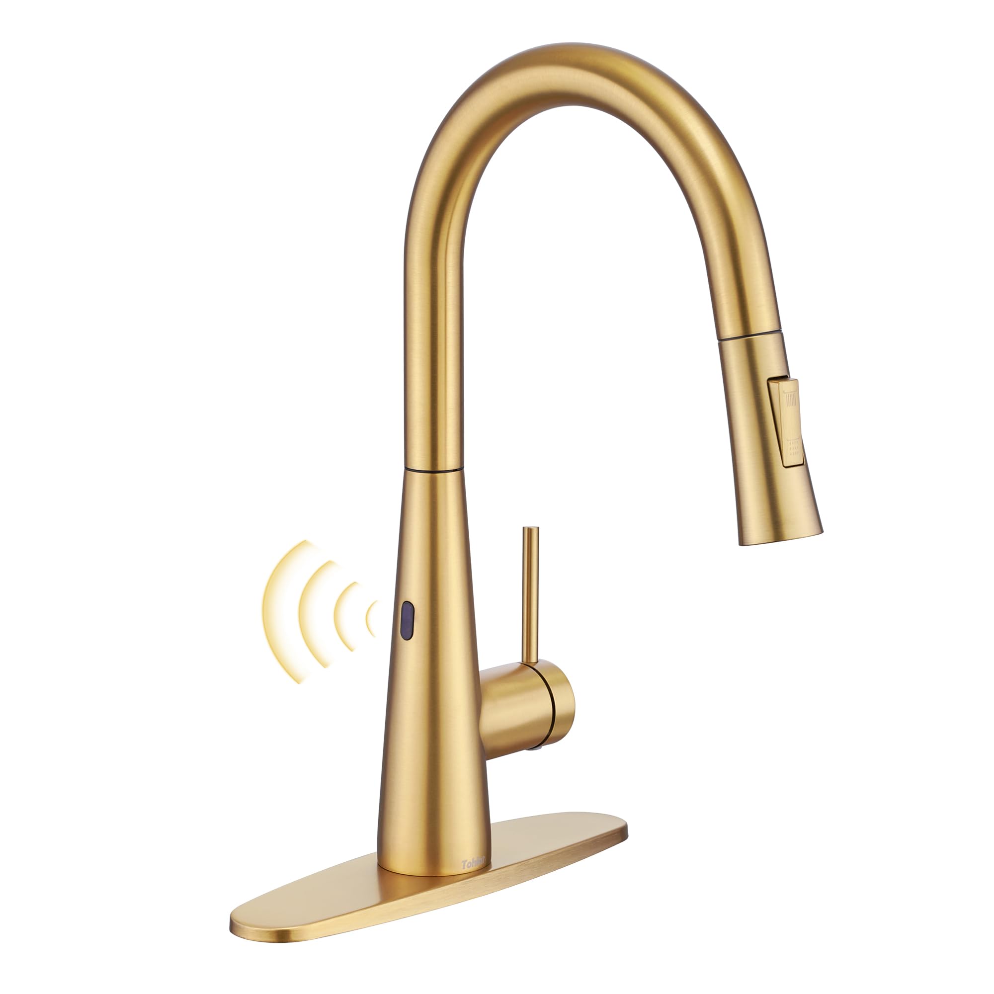 Tohlar brushed gold touchless kitchen faucet with pull-down sprayer and deck plate
