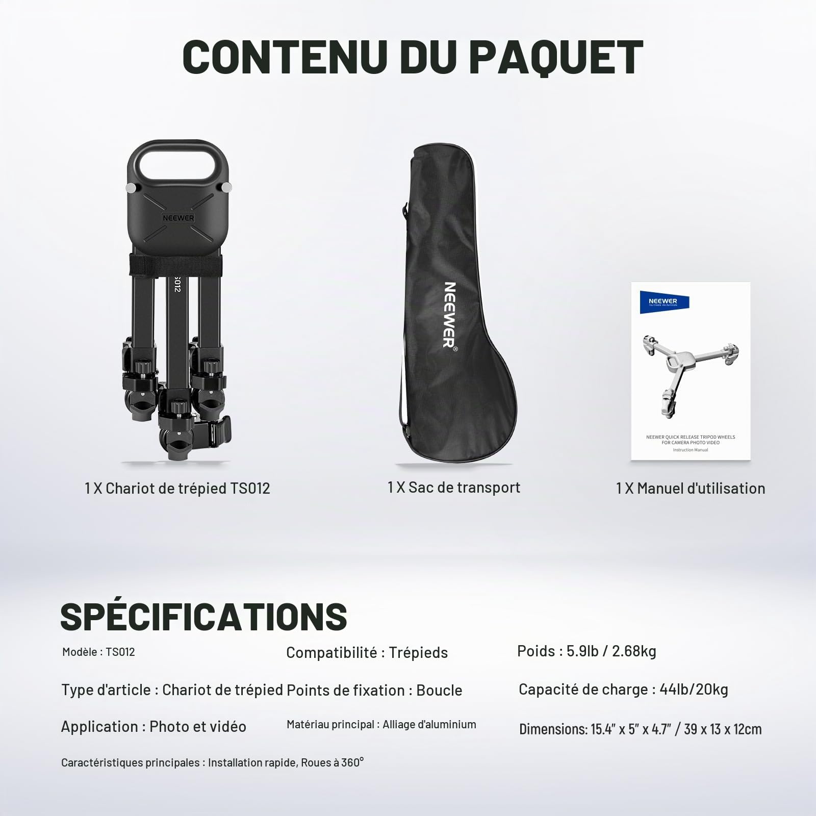 NEEWER Dolly pour Trépied de Photographie, Chariot à Verrouillage Rapide avec Roues en Caoutchouc de 7,6cm, Pieds Télescopiques,Poignée et Sac,Charge Maximale de 20 kg pour DSLR,Caméscopes,Vidéo,TS012
