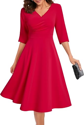 Bbonlinedress Midi Cocktail Dress Formal Wedding Guest 3/4 Sleeve Church V-Neck Work A-Line Swing Tea Party Dress
