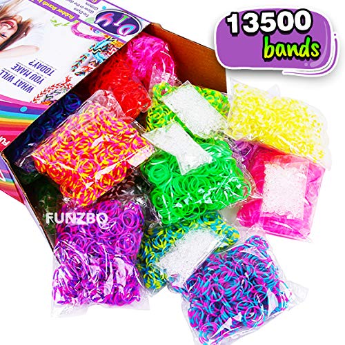 13,500+ FunzBo Rainbow Rubber Band Loom Refill Kit - 3 in 1 Super Colorful Rubber Loom Bands for Bracelet, Hair Band, DIY Arts and Crafts - Perfect Gift for Kids Age 5 6 7 8 Year Old Girls Crafting