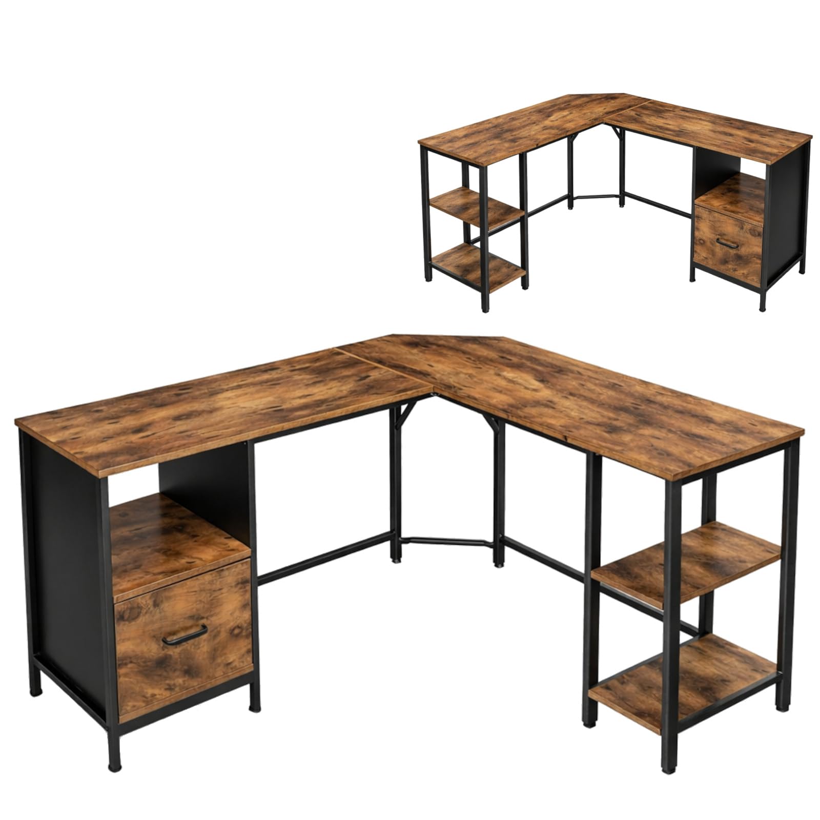 Eckschreibtisch 149 x 149 x 74,5 cm, Computertisch in L-Form, Schreibtisch mit Schublade und 2 Ablagen, MDF in rustikalem Braun, schwarzes Metallgestell, Loft-Stil