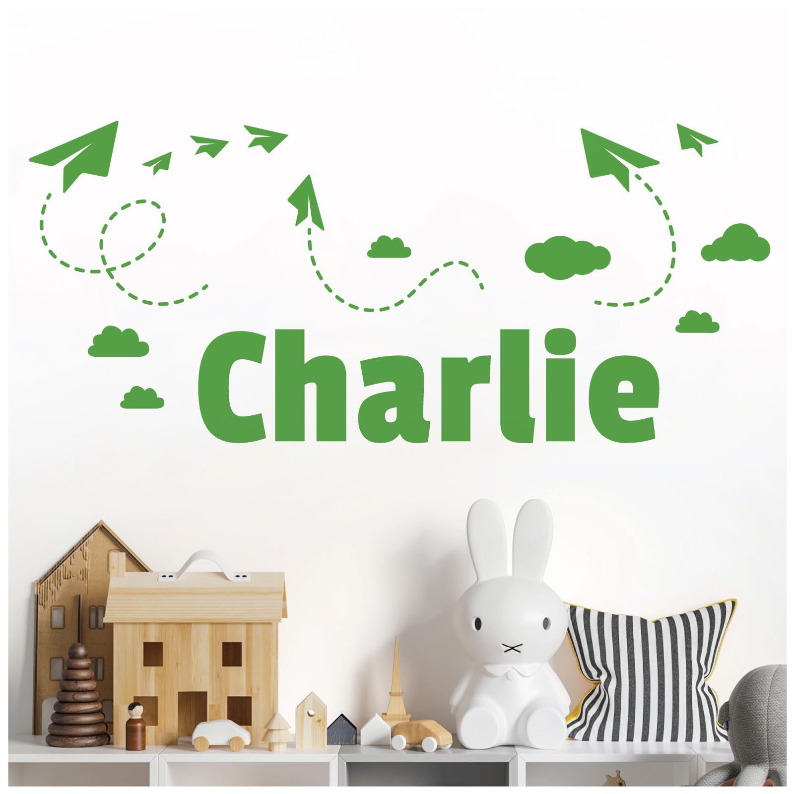 Personalised Name Children Wall Art Sticker - Sky, Paper Planes and Clouds [Medium] [Grass]