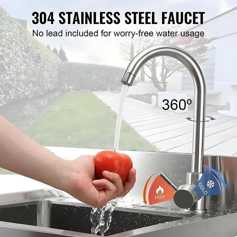 Stainless Steel Utility Sink with Faucet - Freestanding Single Bowl Sink for Commercial Kitchen, Laundry, Garage, Shop, Patio, Outdoor Prep & Wash Sink with Shelf, Fregadero Para Patio Exterior - 23In - Image 3
