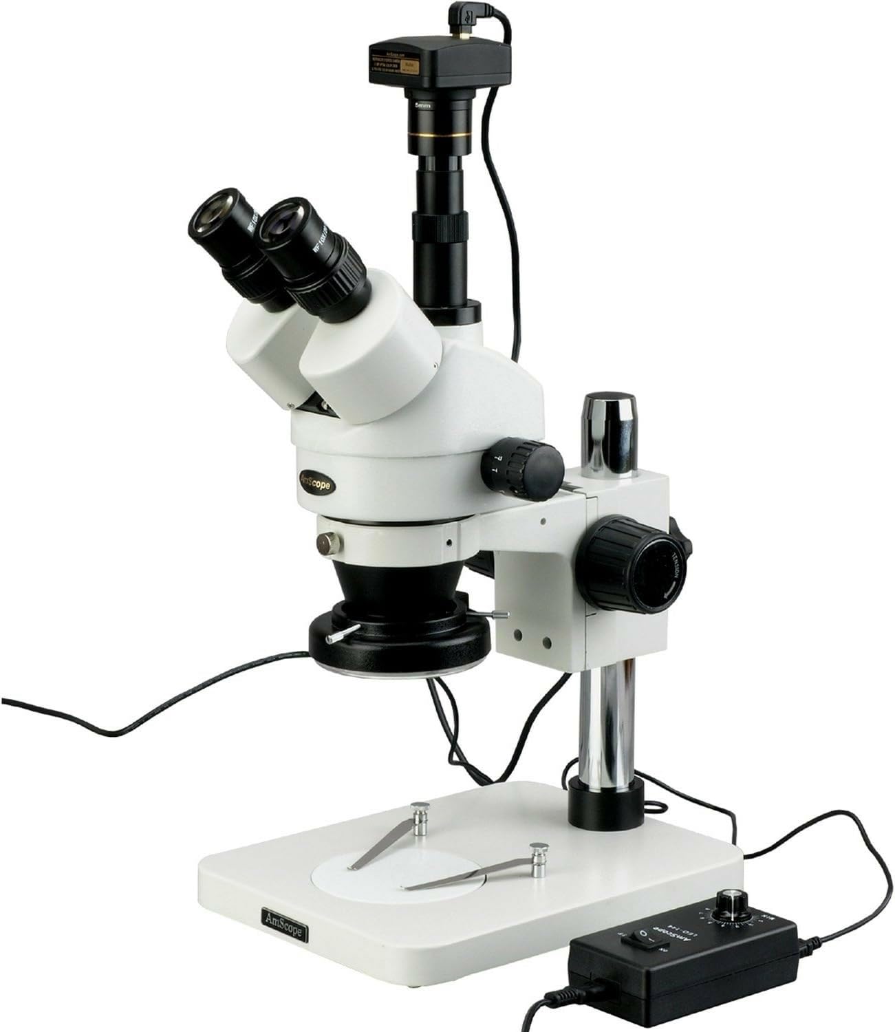 AmScope SM-1TSZ-144-10M Digital Professional Trinocular Stereo Zoom Microscope, WH10x Eyepieces, 3.5X-90X Magnification, 0.7X-4.5X Zoom Objective, 144
